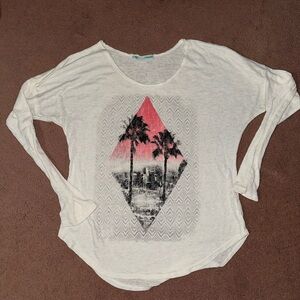 Maurices Cream and Pink Palm Graphic Long Sleeve Tee